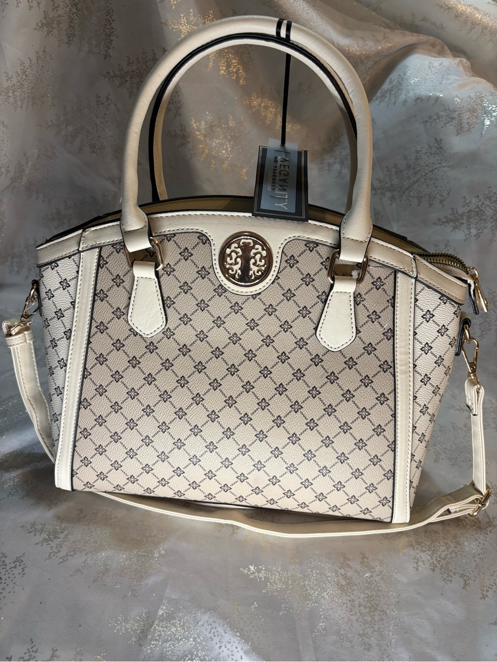 Ivory Patterned Satchel Handbag with Gold Emblem